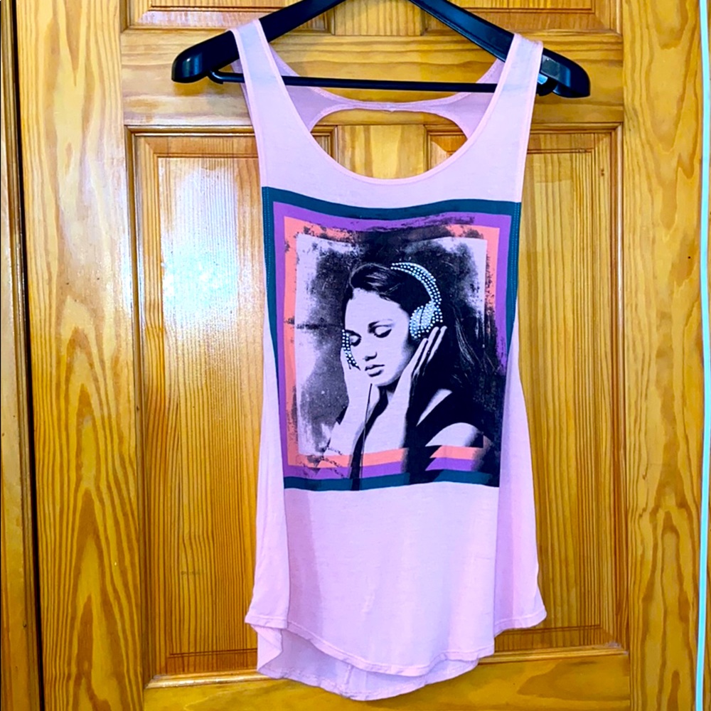 Pink “Headphones” open racerback tank Sz Medium